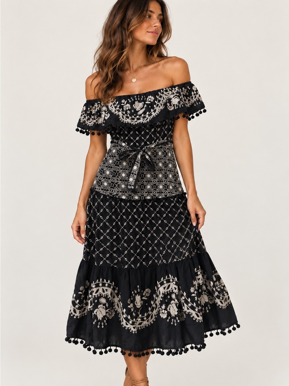 Anthropologie Marisol Off-Shoulder Embroidered Midi Dress
